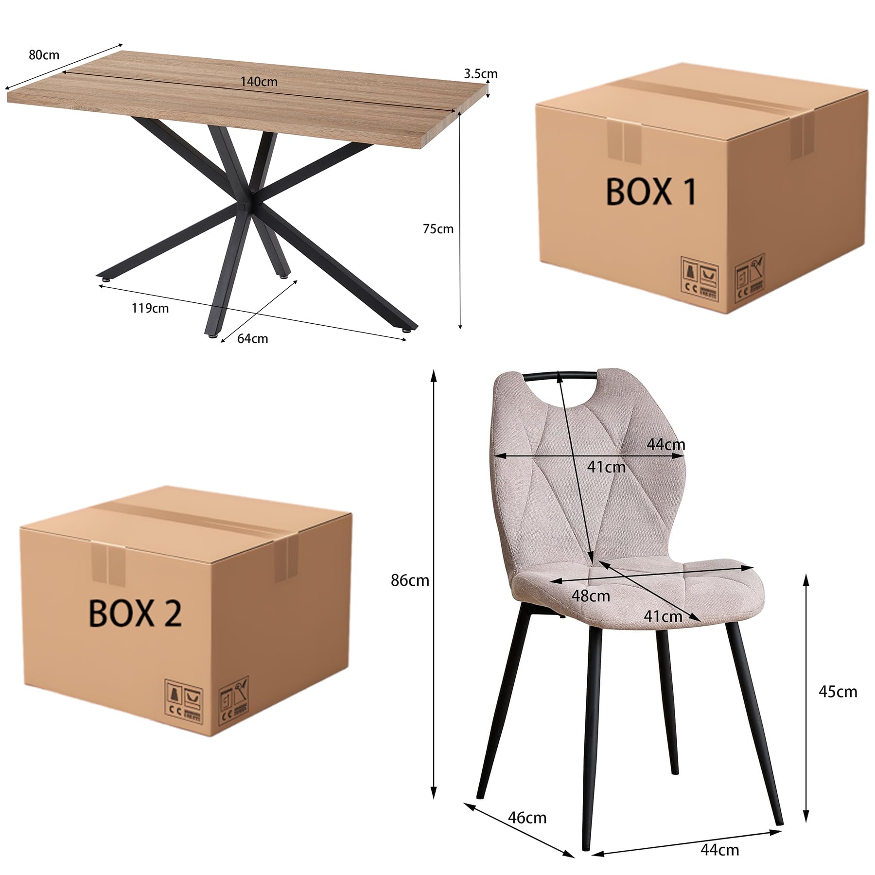 Juego de Comedor Mesa y Sillas – Mesa de Comedor Rectangular con 4 Sillas de Comedor (Tapizado en Tela de Lino con Asas) – Ideal para Cocina, Comedor (Madera Clara+4*Sillas Caqui)