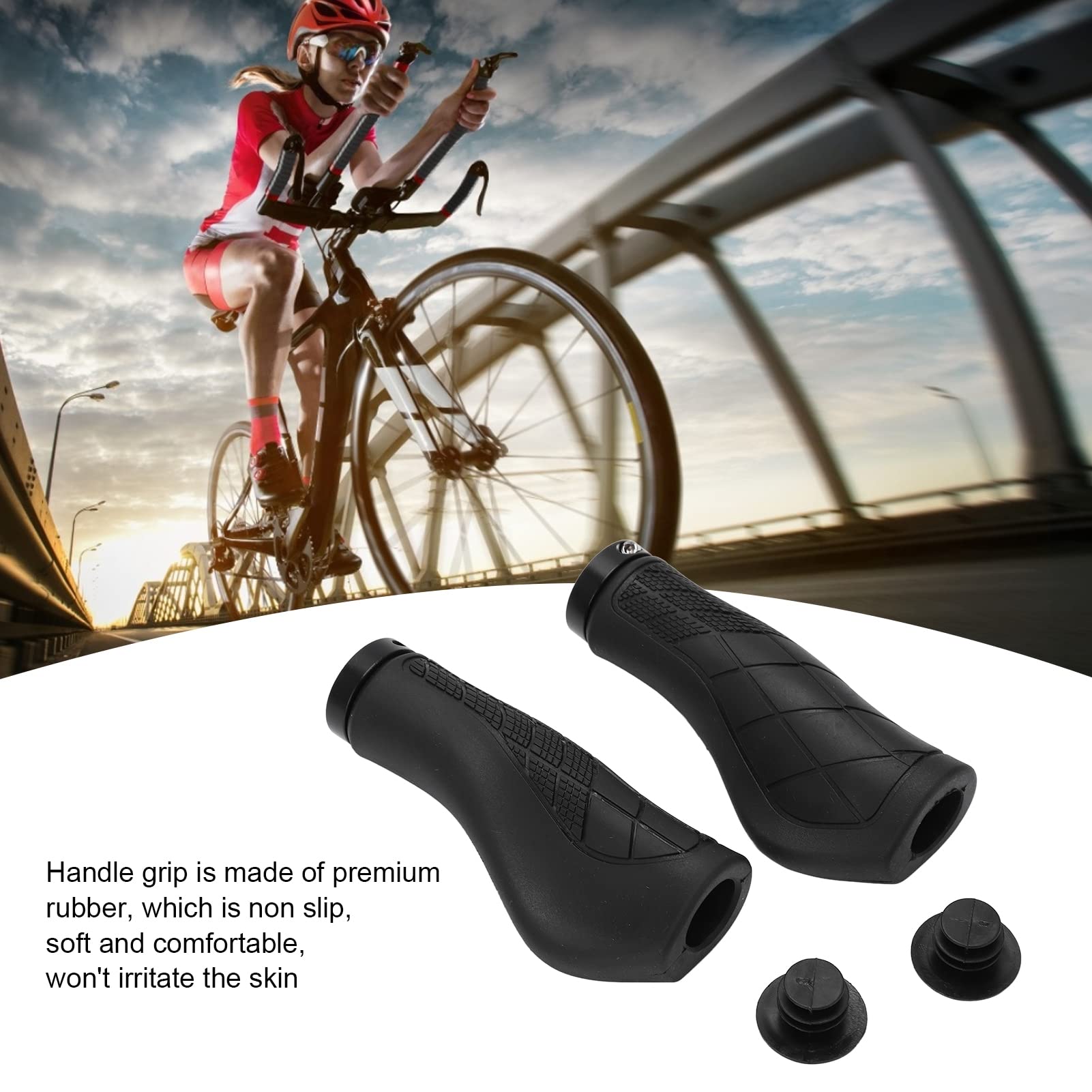 2PCS Bikes Handle Grips, Rubber and Aluminum Alloy Bikes Hand Bar End Grips, Mountain Bikes Handlebar Grips with End hat, Bikes Handlebar Grips for Replacement Repair(Black)