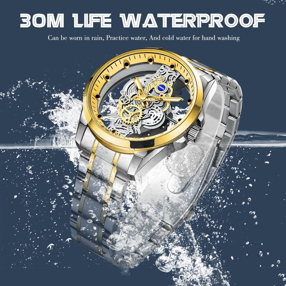 Gosasa Business Men Watch Double Sided Hollow Transparent Analog Display Stainless Steel Quartz Waterproof Creative Male Wrist Watch (Gold Silver S)