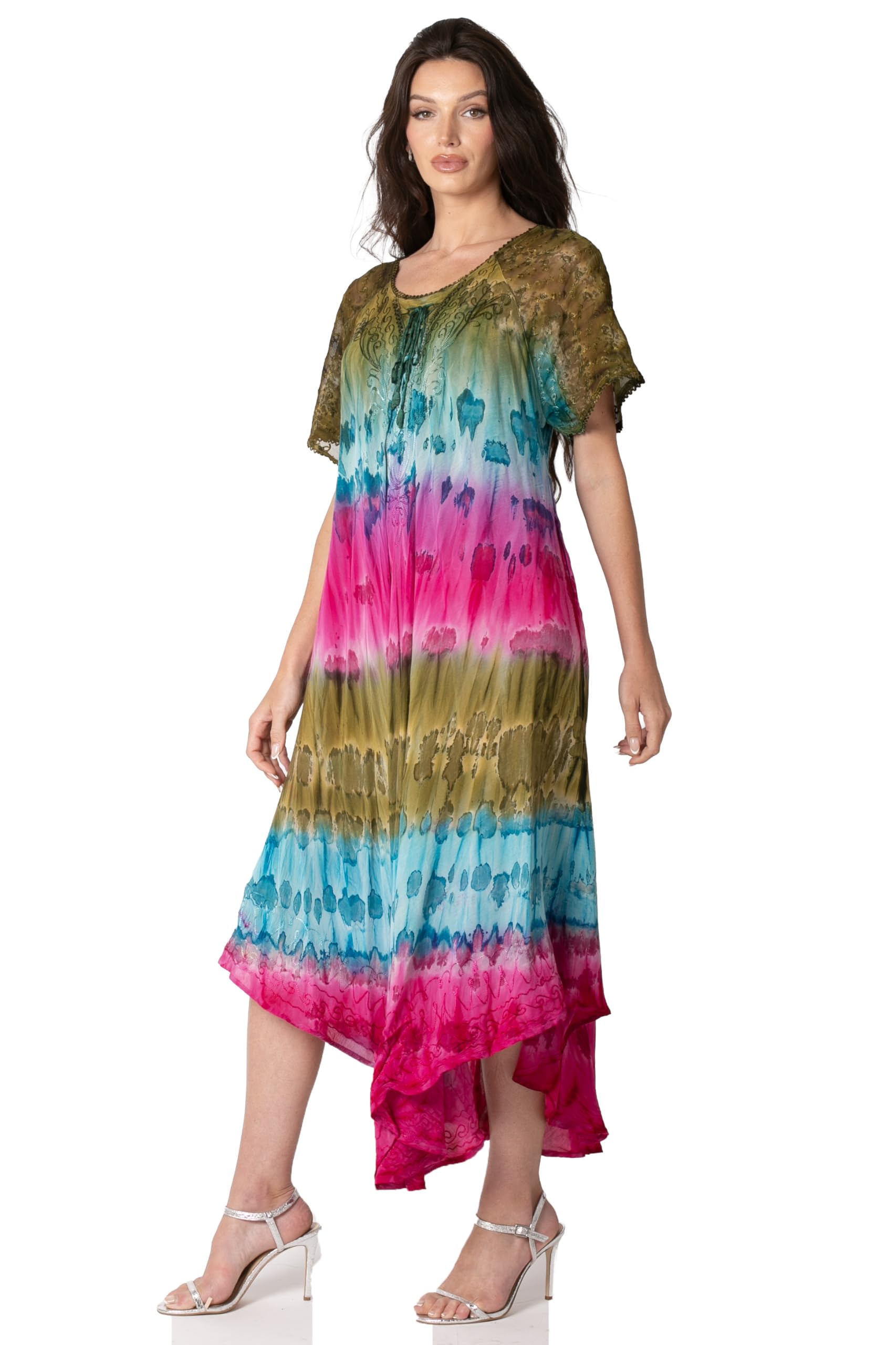 Sakkas Sula Long lacé Rayonne Tie-Dye Large col brodé Boho Sundress Cover Up