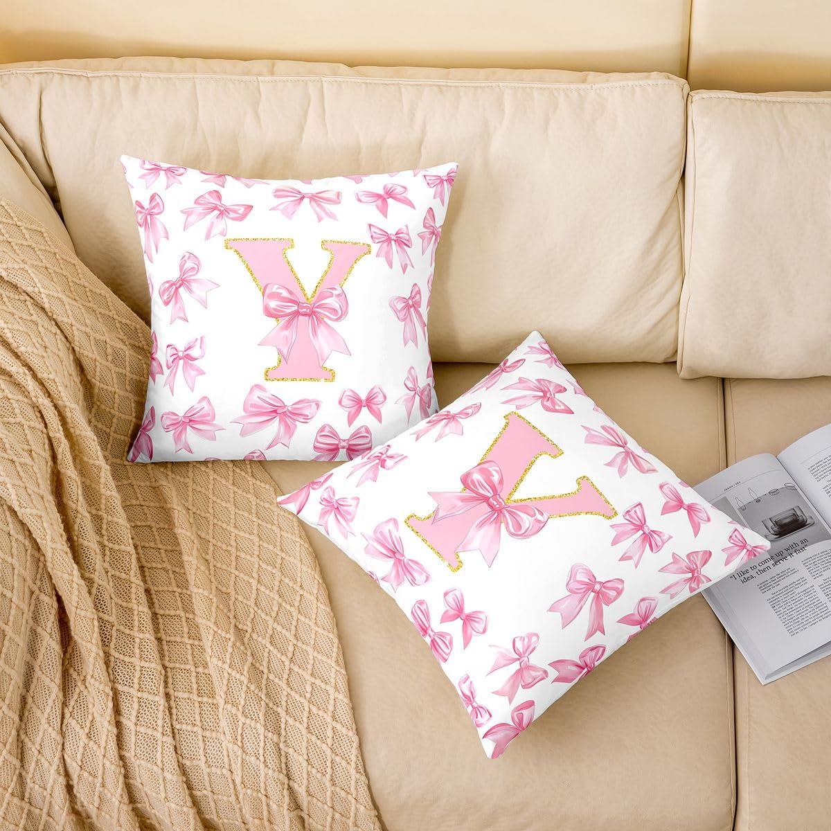 Homewish Juego de 4 fundas de cojín rosa con letra Y inicial de 45 x 45