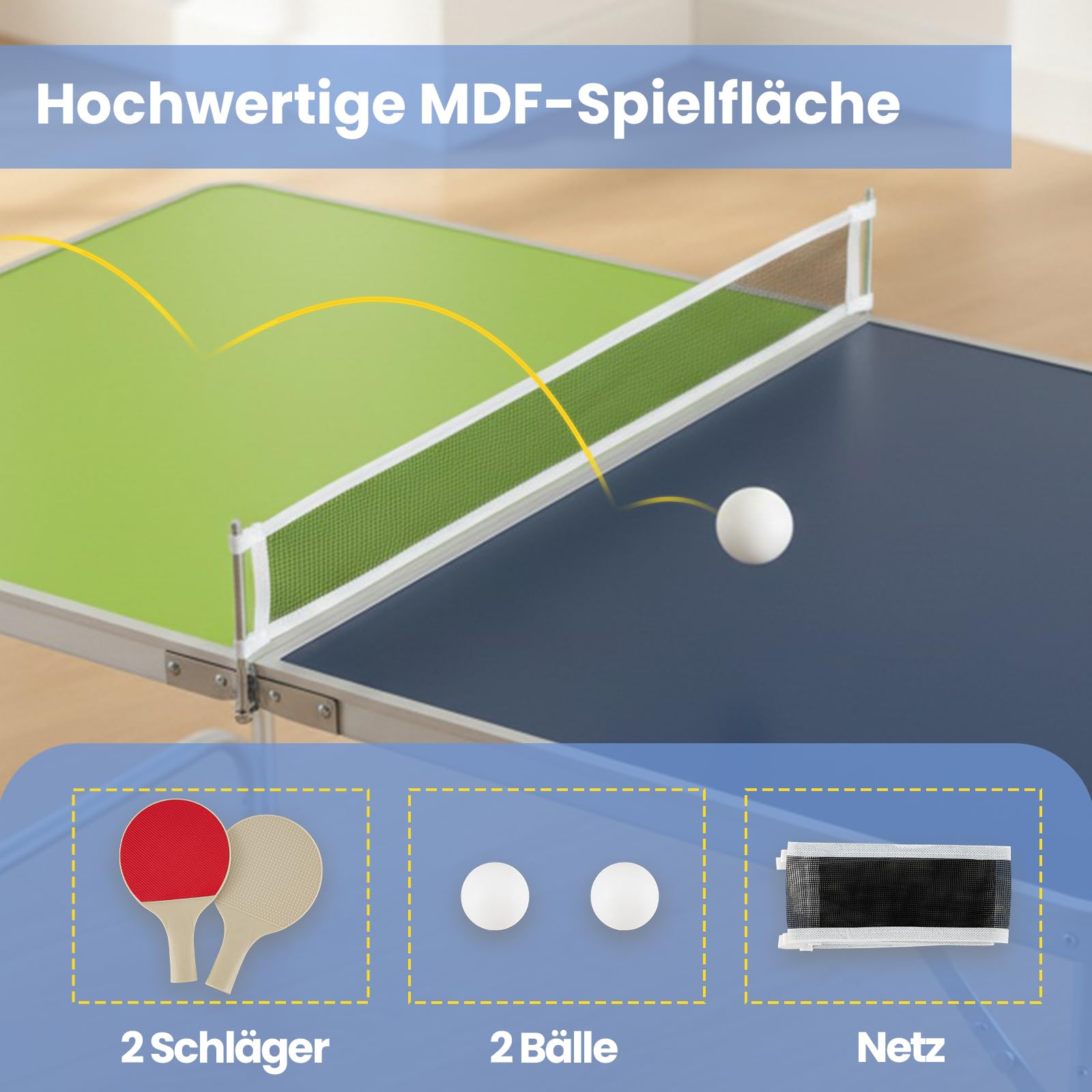 COSTWAY Mini Tischtennisplatte klappbar, Tischtennistisch 3-stufig höhenverstellbar inkl. Netz, 2 Schlägern & 2 Bällen, 120 x 76 cm Ping Pong Tisch wetterfest für Indoor & Outdoor