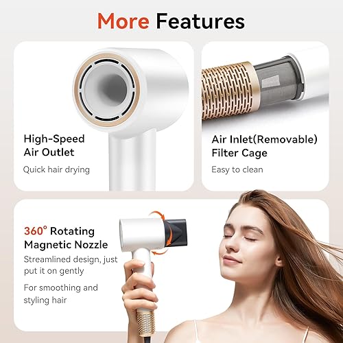 Miniatura 9 de Secador de pelo de alta velocidad  Secador de pelo iónico para mujeres con motor sin escobillas, secado rápido, bajo ruido, secador de pelo, con