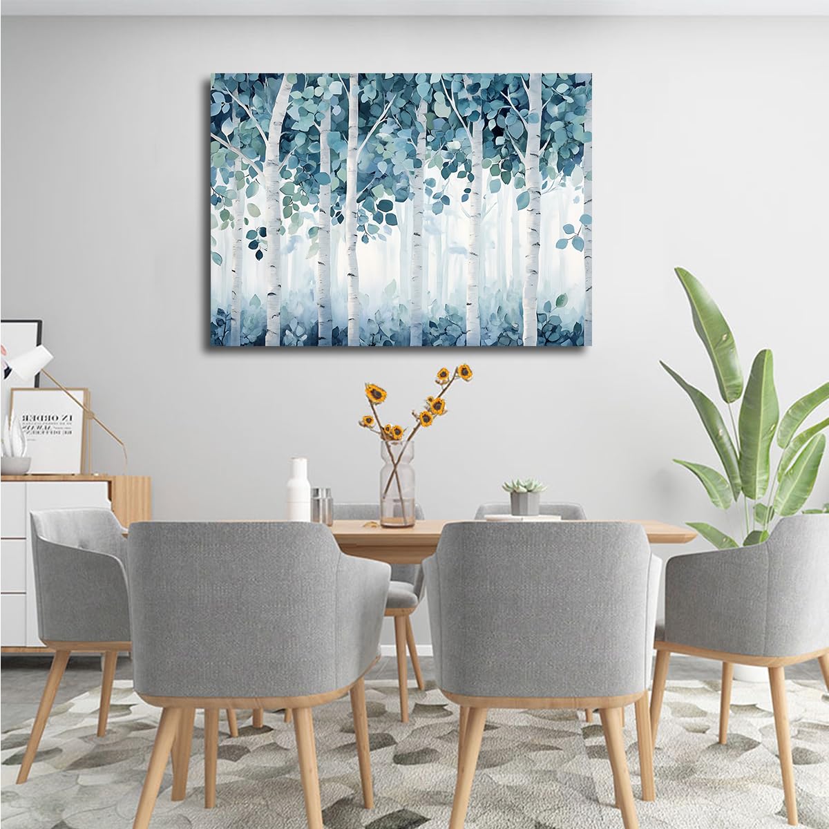 CHERHERART Dekoracje ścienne Zimowe drzewa wydruki na płótnie Cichy minimalistyczny obraz ścienny do biura niebieski biały brzozowy las plakat 80 x 130 cm ramka wewnętrzna