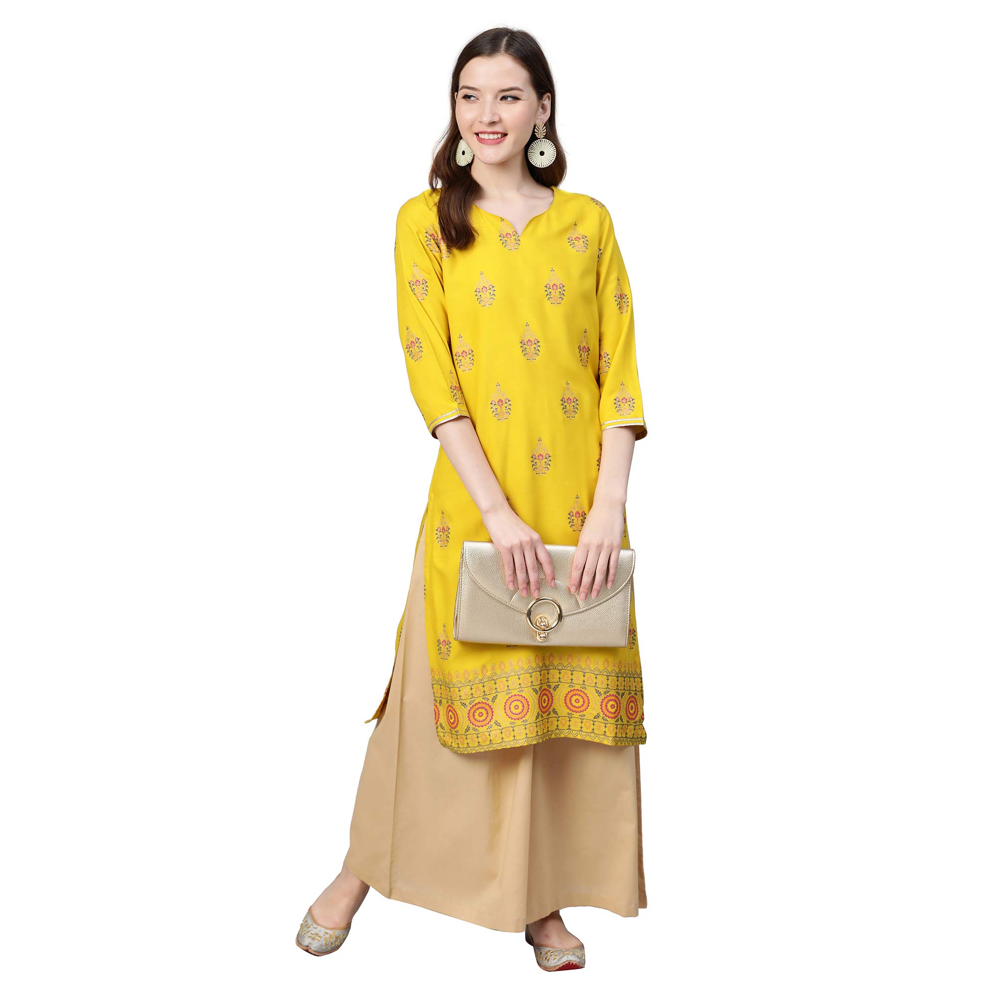 Idalia Women's Mustard Rayon Kurta With Beige Palazzo (Mustard, S)