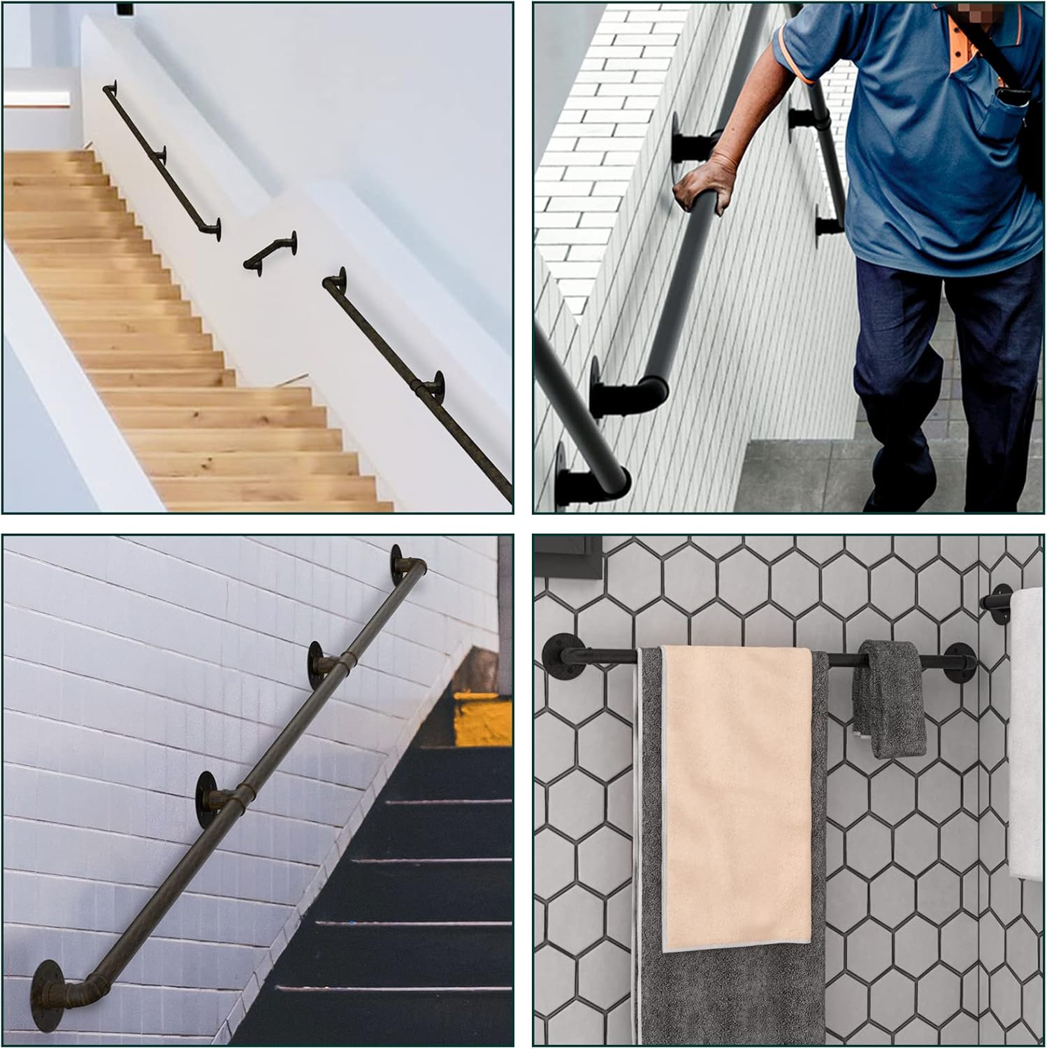 Muzata 6.6ft Staircase Handrail Black Pipe Handrail Staircase Steps Hand Rail for Indoor Stairs 440LBS Load Capacity Wall Mount Support Galvanized Steel Industrial Style, HW20 BBG