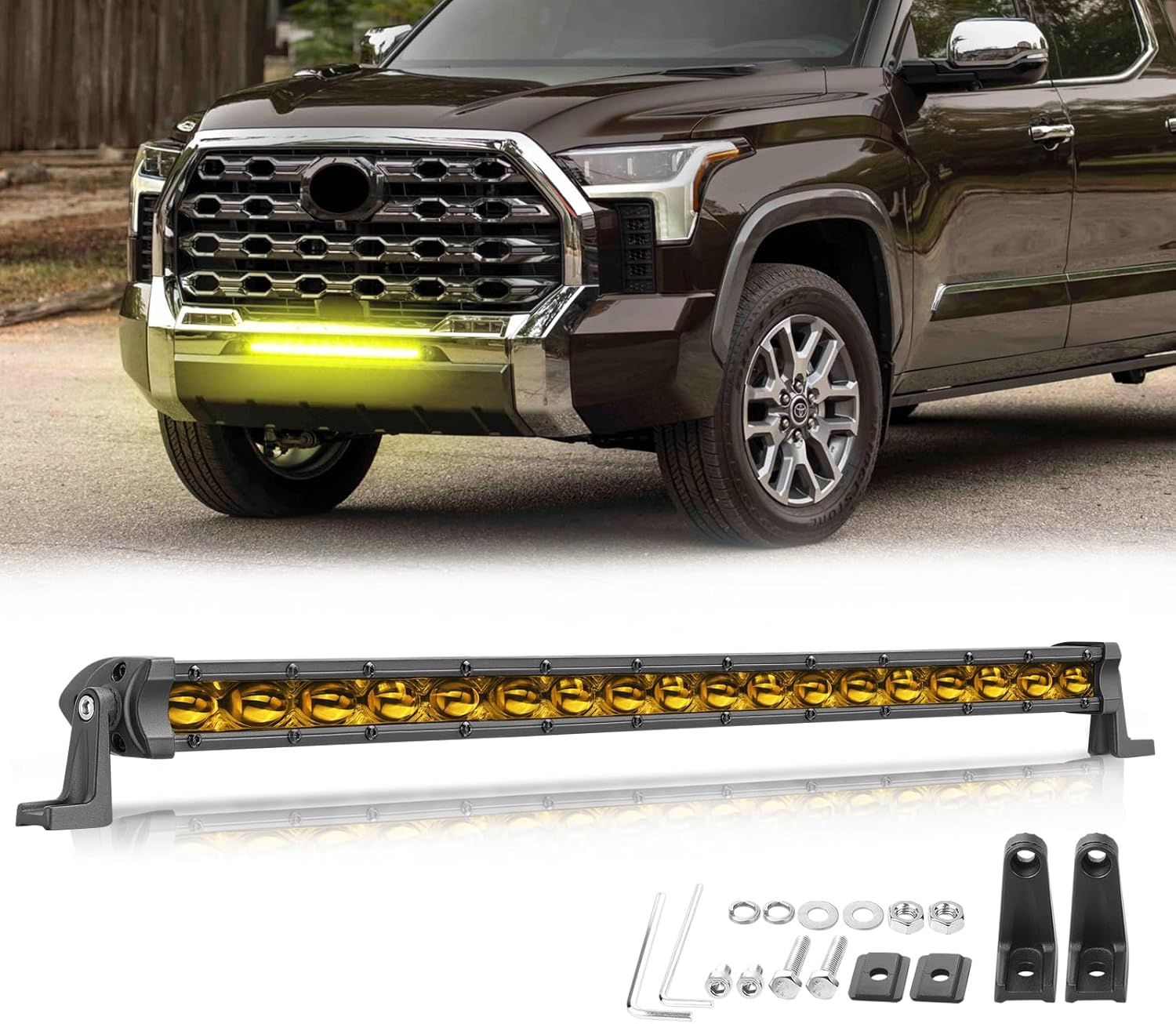 20 Inch LED Light Bar Yellow, Niwaker 108W Slim Single Row Light Bar Flood LED Driving Work Lights Yellow Fog Lamps Waterproof Bumper Lights for Truck Pickup UTV ATV Off Road SUV RZR Roof Grill Mount