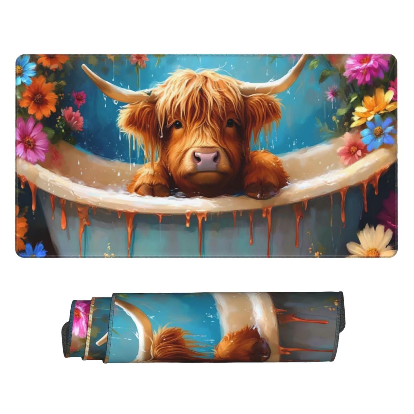 Gamingowa podkładka pod mysz XXL 1200 x 600 mm, podkładka pod mysz ze zwierzętami, bydło górskie, duża, 120 x 60 cm, rozszerzona podkładka na biurko, akcesoria gamingowe z przyszytymi krawędziami,