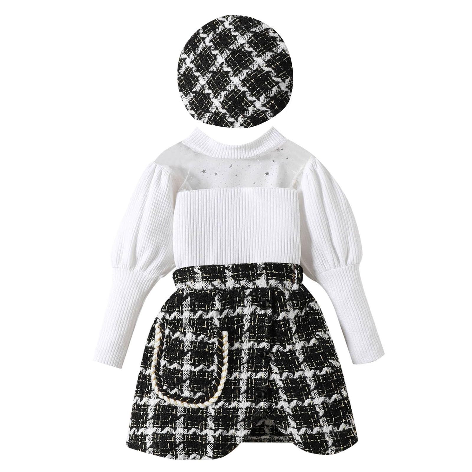 Top con Recorte de Fina y Manga de Burbuja para niñas pequeñas, Falda Irregular con Estampado a Cuadros, Trajes de otoño para niña con Sombrero Trajes De Damas
