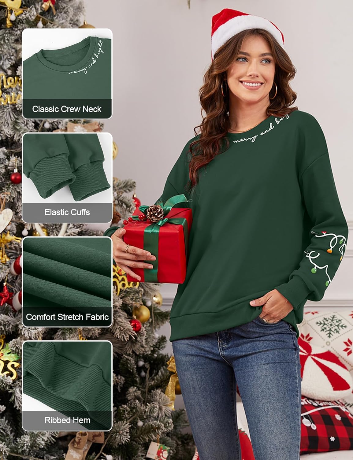 Gihuo Women's Christmas Sweatshirt Merry and Bright Holiday Pullover Long Sleeve Christmas Lights Design Soft Cotton Blend - Image 5