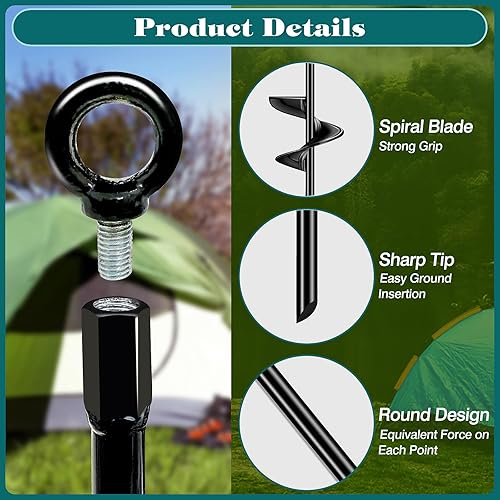 Miniatura 5 de Juego de 6 anclajes de anclaje de tierra de 30 pulgadas, hoja en espiral, anclajes de cobertizo, estacas de viento para remolques, refugios, tiendas