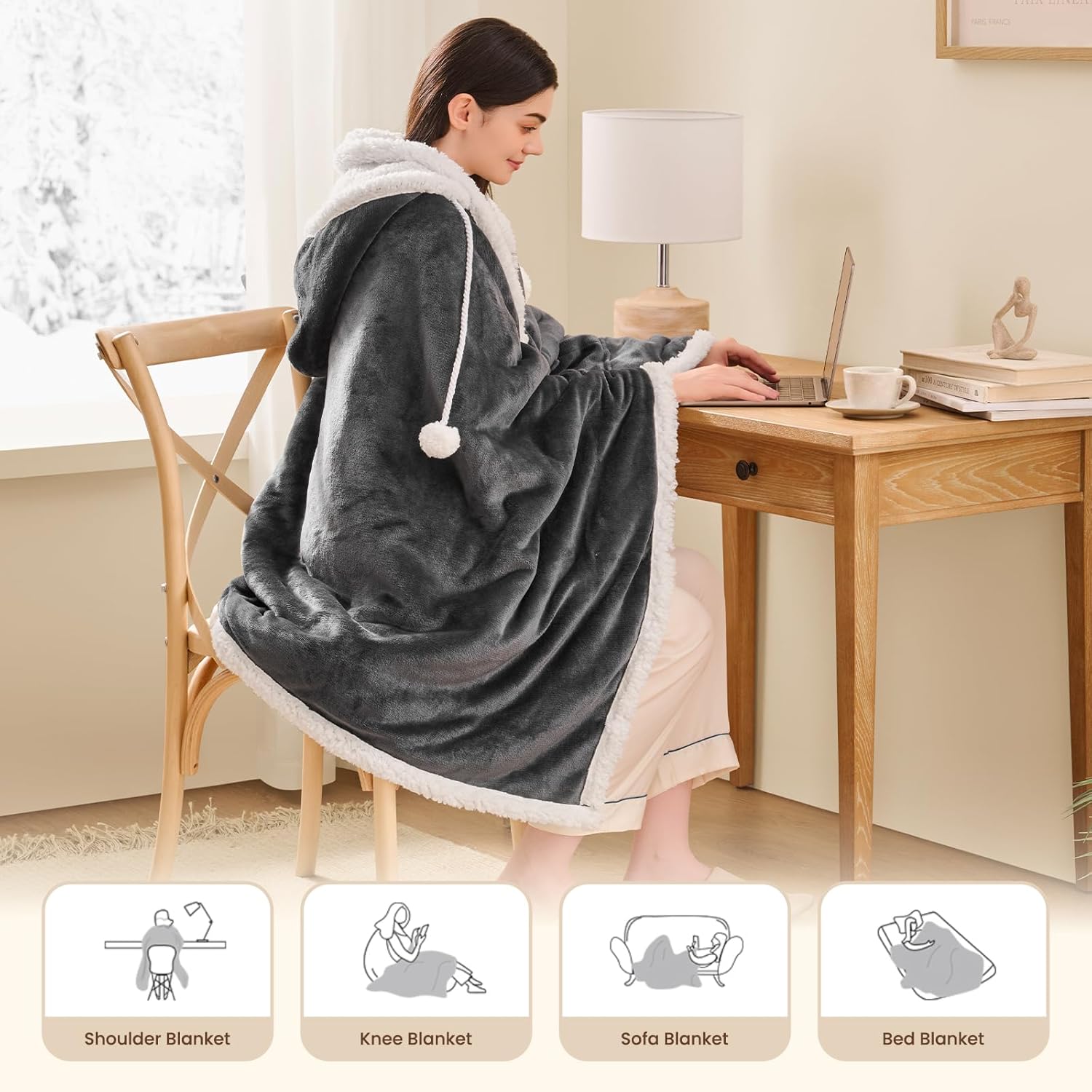Heated Electric Blanket Shawl: Heating Throw Heated Poncho - Wearable Blanket Hoodie Wrap Sherpa with 10 Heat Levels & Multi Heating Time Settings (40x70'' Dark Grey) - Image 6