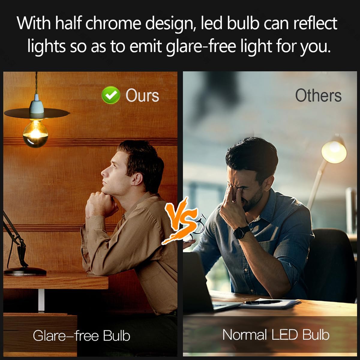 LUXON Half Chrome Light Bulbs,Dimmable,LED Edison Bulbs,Black Dipped Anti Glare Bulb,Mirror 6W (60W Equivalent) A19/A60 Decorative Light Bulb,E26 Base Warm White 2700K,for Vanity Pack of 3