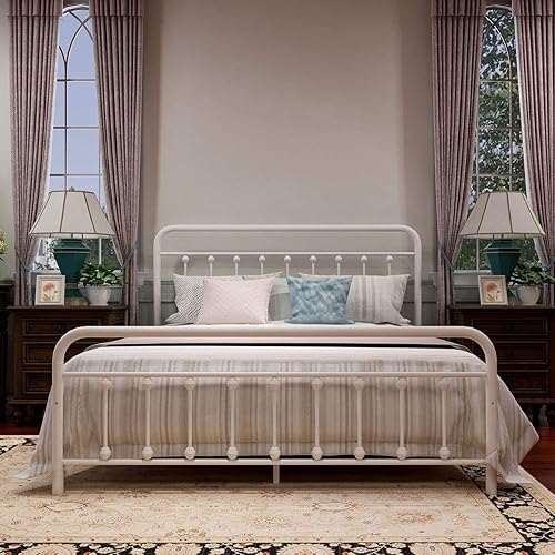 Miniatura 3 de Armazón de cama de plataforma de metal de tamaño individual, matrimonial y queen con cabecera y pie de cama vintage, no necesita base, soporte de