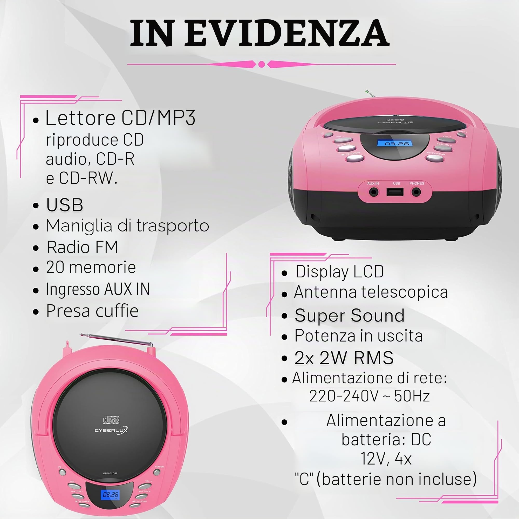 Boombox portatile lettore CD CD-R USB radio FM AUX jack cuffie impianto stereo compatto rosa Pretty Pink