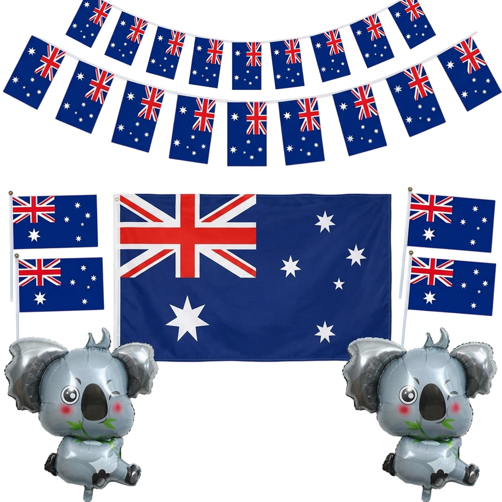 Australian Party Decorations,Patriotic Event Supplies For National Celebrations And Sports Events, Includes 90x150cm Flag, 20 Bunting Flags, Koala Balloons And Hand Waving Flags ﻿
