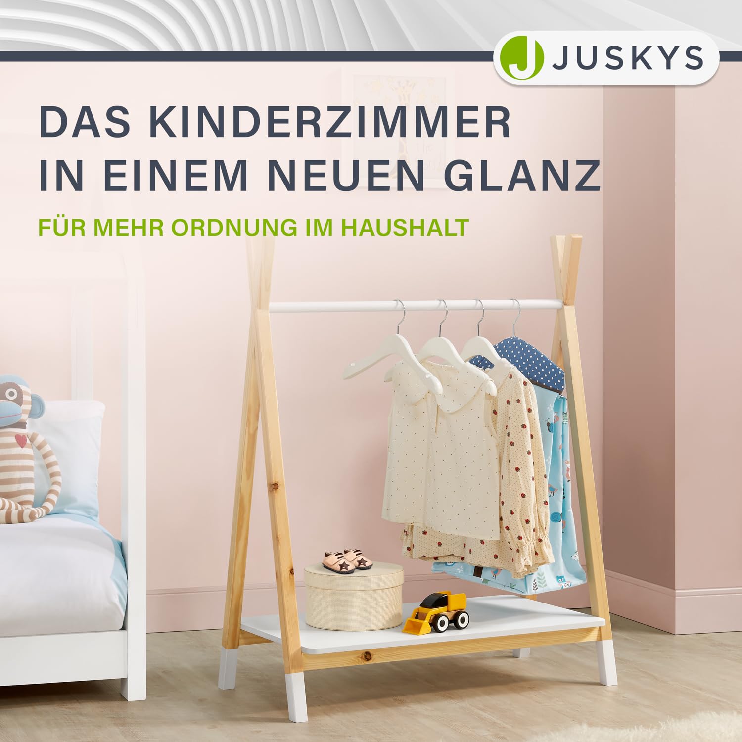 Juskys Kinder Kleiderständer Heidy mit Ablage & Kleiderstange - Holz Kindergarderobe modern, offen & freistehend - Kinderzimmer Garderobe Weiß