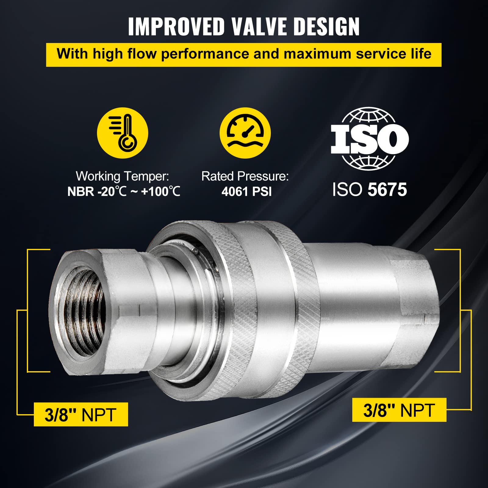 VEVOR Innesti Rapidi 2 Coppie NPT3/8" Accoppiatori Idraulici Connessione Rapida in Acciaio Pressione Max. 4061PSI, Coppia di Attacchi Rapidi Idraulici Valvola a Sfera Pioneer 3/8" 2 Set per Minipala