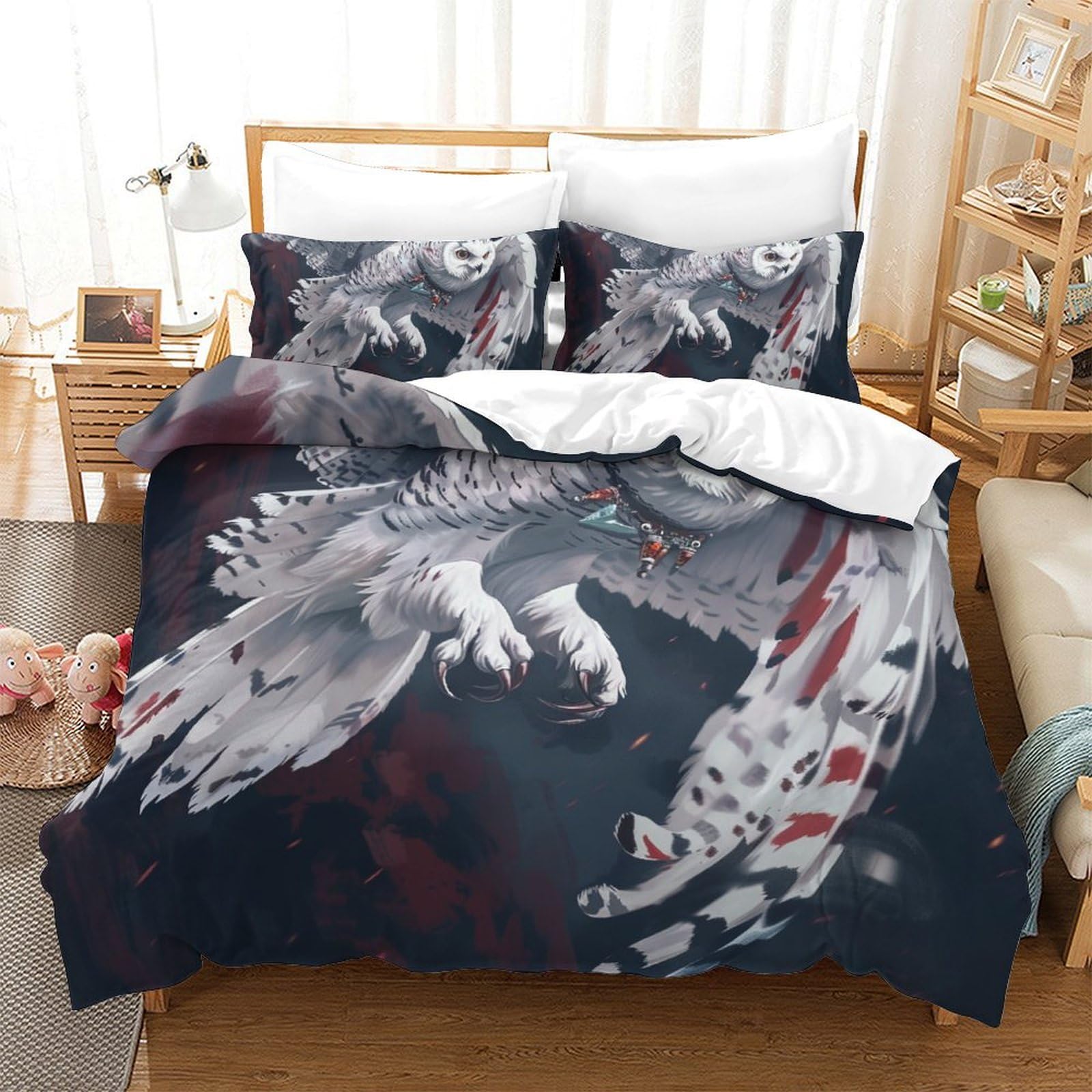 Parure de lit chouette blanche 200x200 en microfibre avec 2 taies d'oreiller