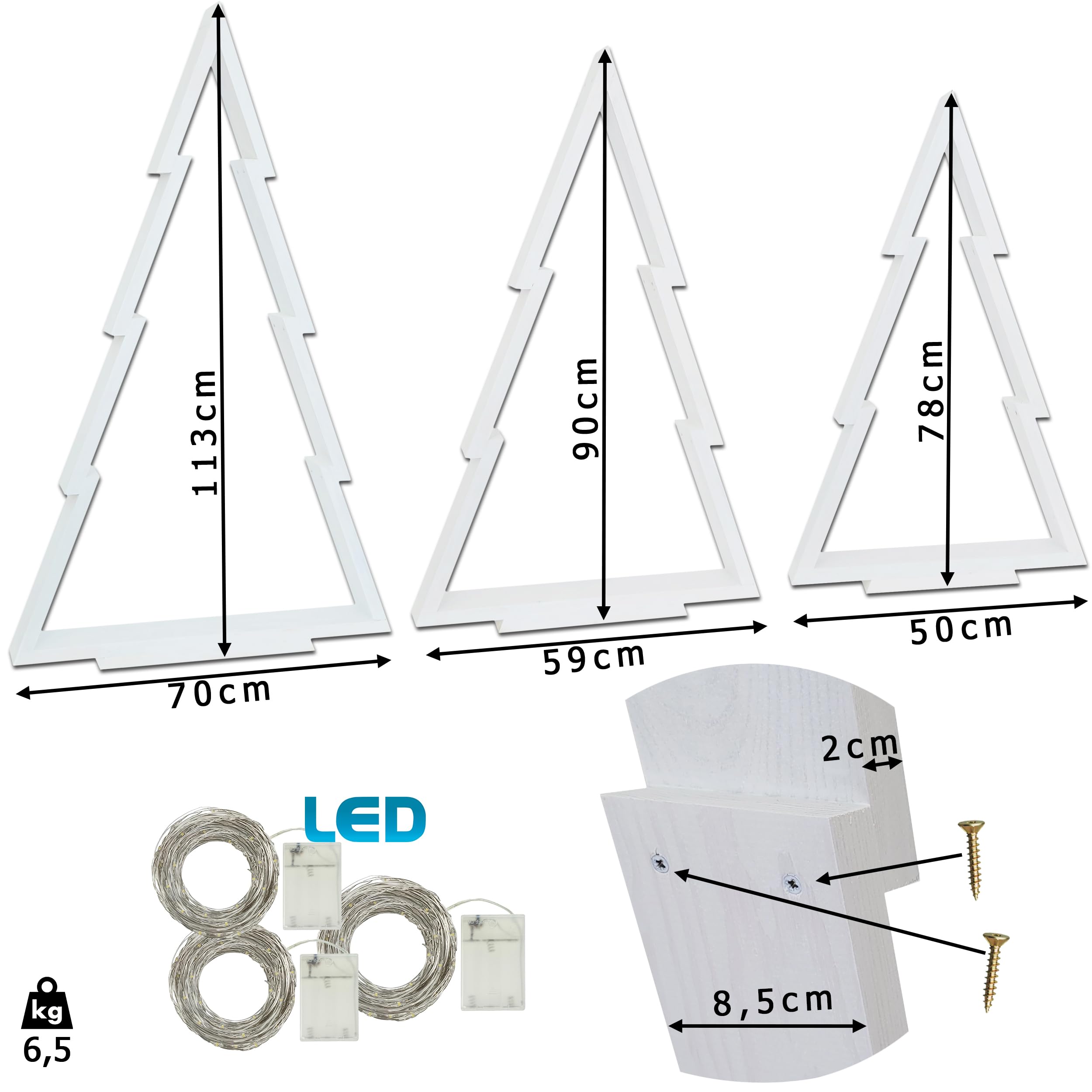 WEECO Set di decorazioni natalizie con 3 alberi di Natale in legno con illuminazione a LED, decorazione natalizia per esterni e interni, decorazione natalizia XLL fatta a mano con altezze di 113, 90,
