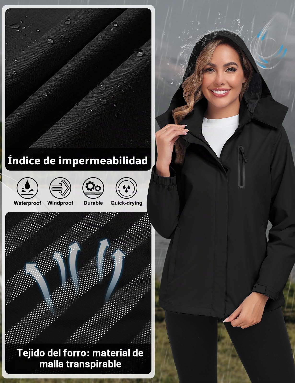 UMIPUBO Mujer Chaqueta Impermeable Chubasquero Cortavientos Exteriores Lluvia Abrigo Ligero Transpirable Deportiva Primavera Otoño Capucha Impermeável Senderismo Vientos Cazadora