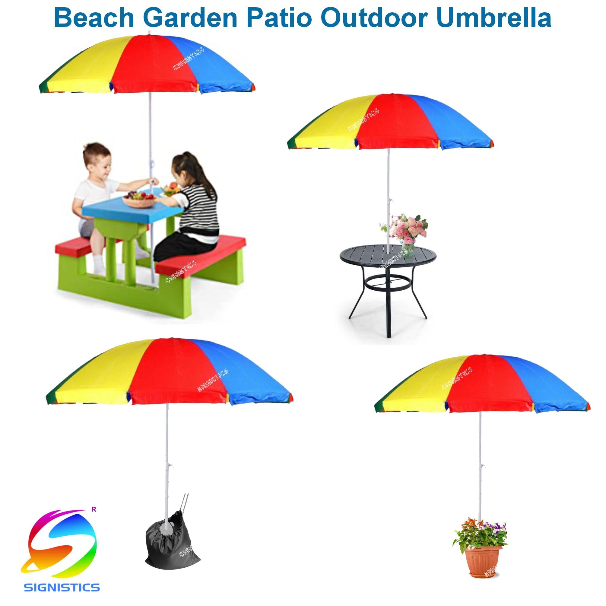 SIGNISTICS 7ft Rainbow Multicolour Folding Outdoor Umbrella with Extension Rod, for Garden, Patio, Beach & Café (Canopy with Pole, No Stand) 3
