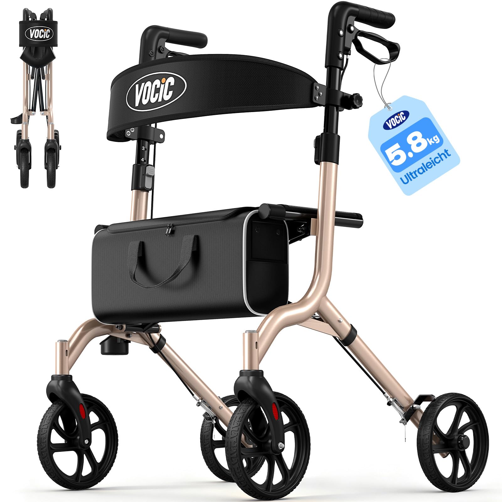 VOCIC Z27 5,8kg Ultraleicht Rollator faltbar leicht mit sitz, aus Aluminium