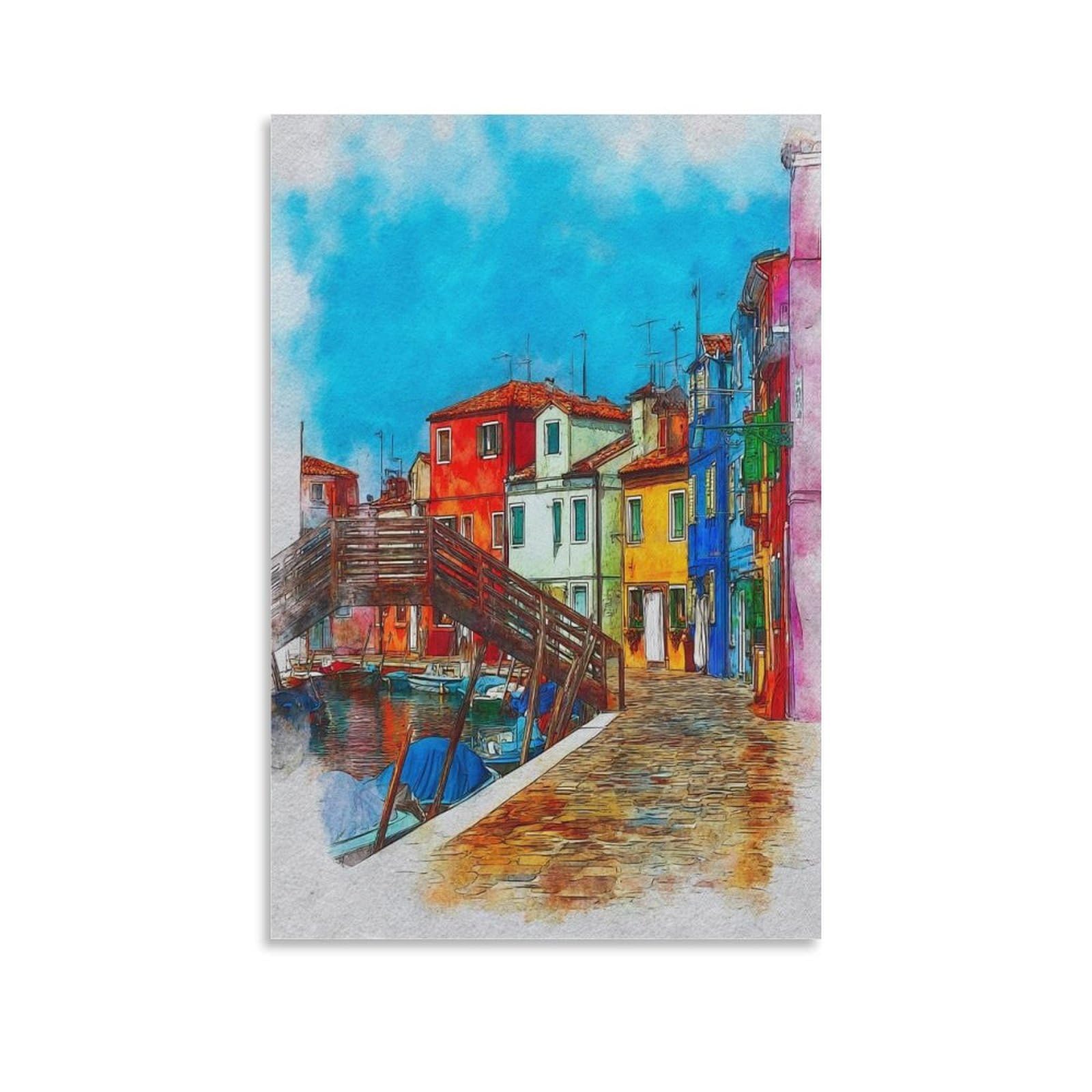 Cnaheiz Unframe-Style Burano Italy 08X12inch(20X30cm) Vintage Travel Poster Watercolor Canvas Art