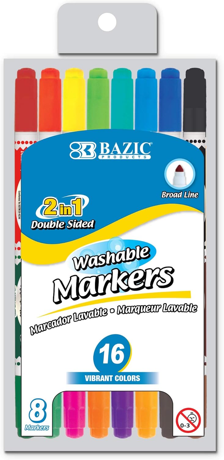BAZIC PRODUCTS Washable Markers Fine Line Pen 16 Color, Thin Dual Tip Coloring Marker, Non Toxic Marcadorc Art, Gift (8/Pack), 144-Packs