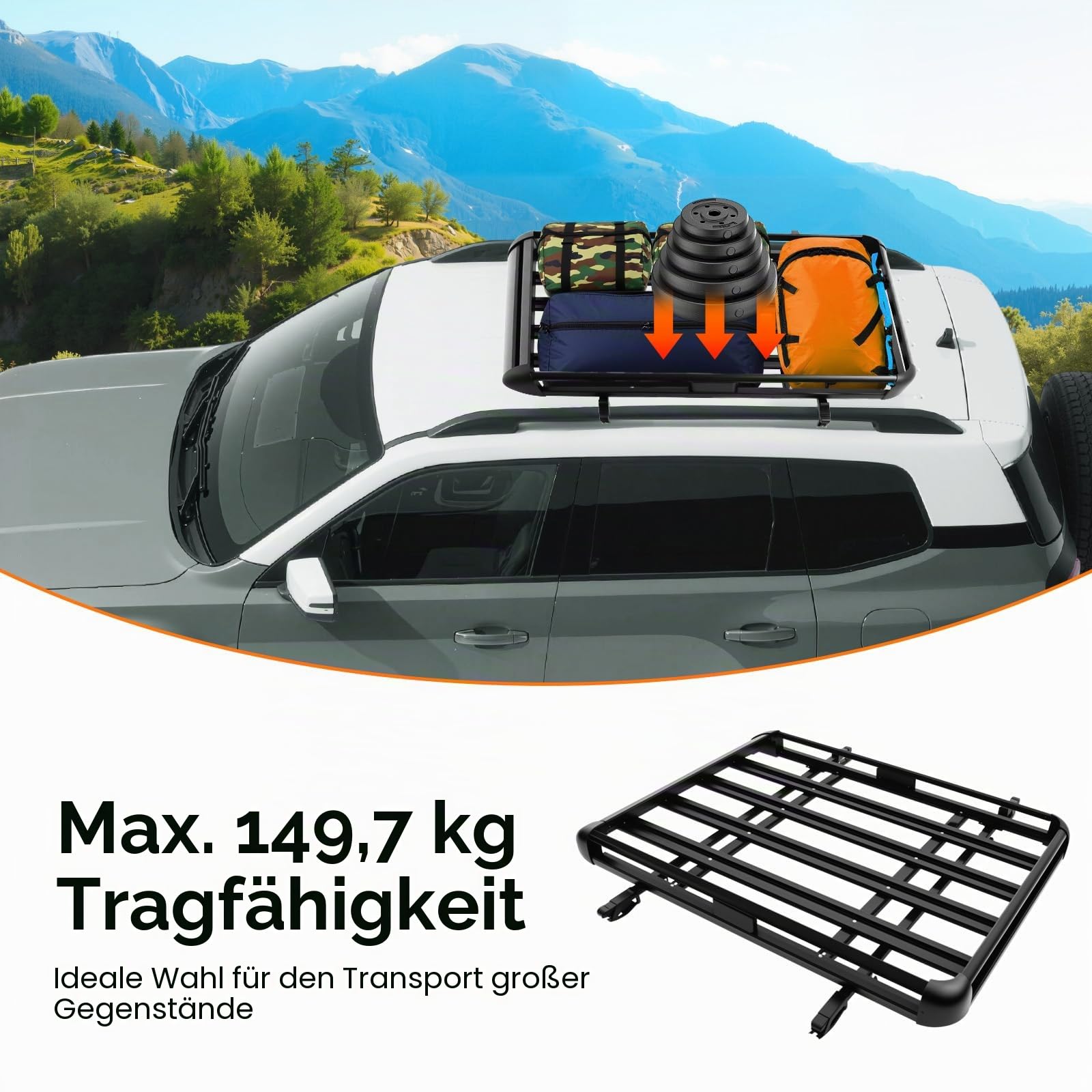 140cm Dachgepäckträger Dachkorb Offroad Aluminium Auto Dachkorb Schwarz Universal Dachgepäckträger Korb Auto Dachständer Korbwanne, Gewichtskapazität 150kg