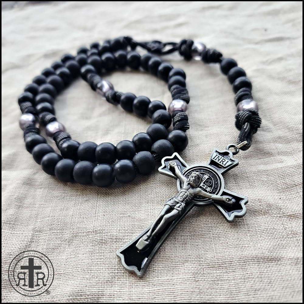 Rugged Rosaries® BLACK MONK ROSARY with Black Enamel Gunmetal Crucifix - Catholic Gifts