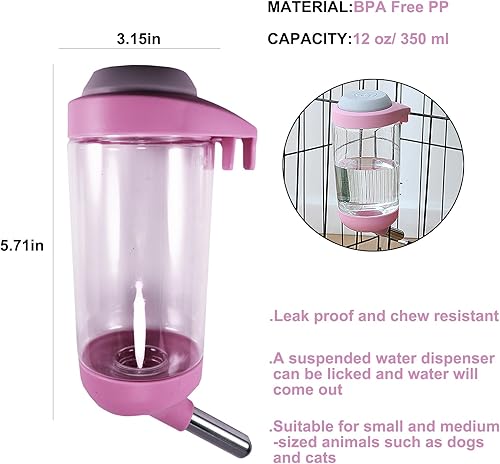 Miniatura 2 de Botella de agua para perros  Dispensador de agua para mascotas sin goteo de 12 onzas, botella de agua de jaula fácil de usar para perros, gatos,