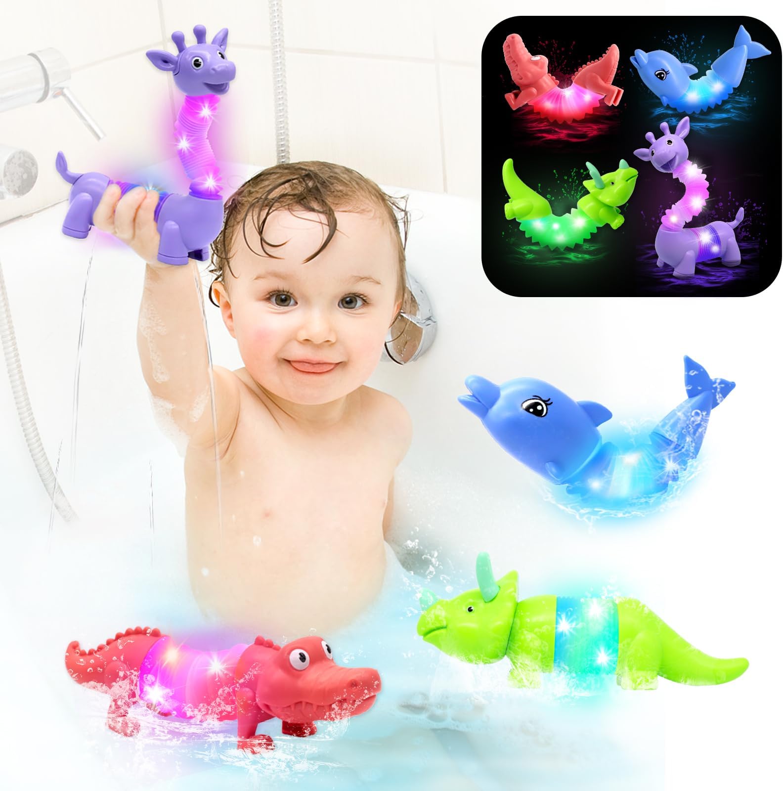 2025 Halloween 4 Pack Animal Light Up Pop Tubes: LED Bath Toys for Toddlers 1-3, Sensory Fidget Toys for Kids Ages 3-8, Baby 1st Birthday Gifts and Party Favors