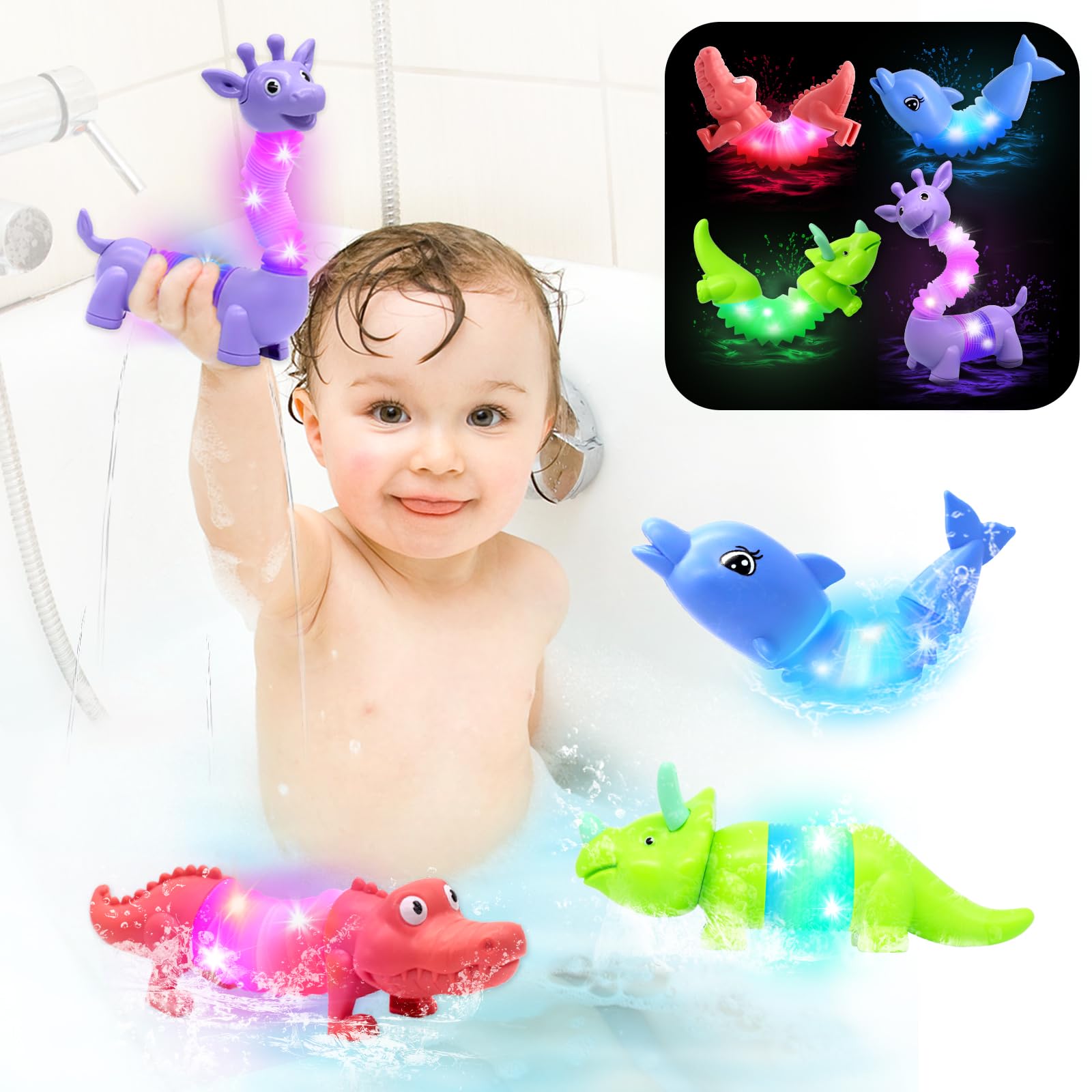 2025 Upgraded Baby Bath Toys,Educational Light Up Bath Toys for Kids 1-3, 4 Pcs Light Up Floating ,Stress Relief, Toddler Newborn Birthday Easter Baby Gifts