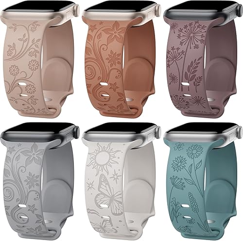 Paquete de 6 correas con grabado floral compatibles con Apple Watch Band de 1.575 pulgadas, 1.614 pulgadas, 1.496 pulgadas, 1.654 pulgadas, 1.732