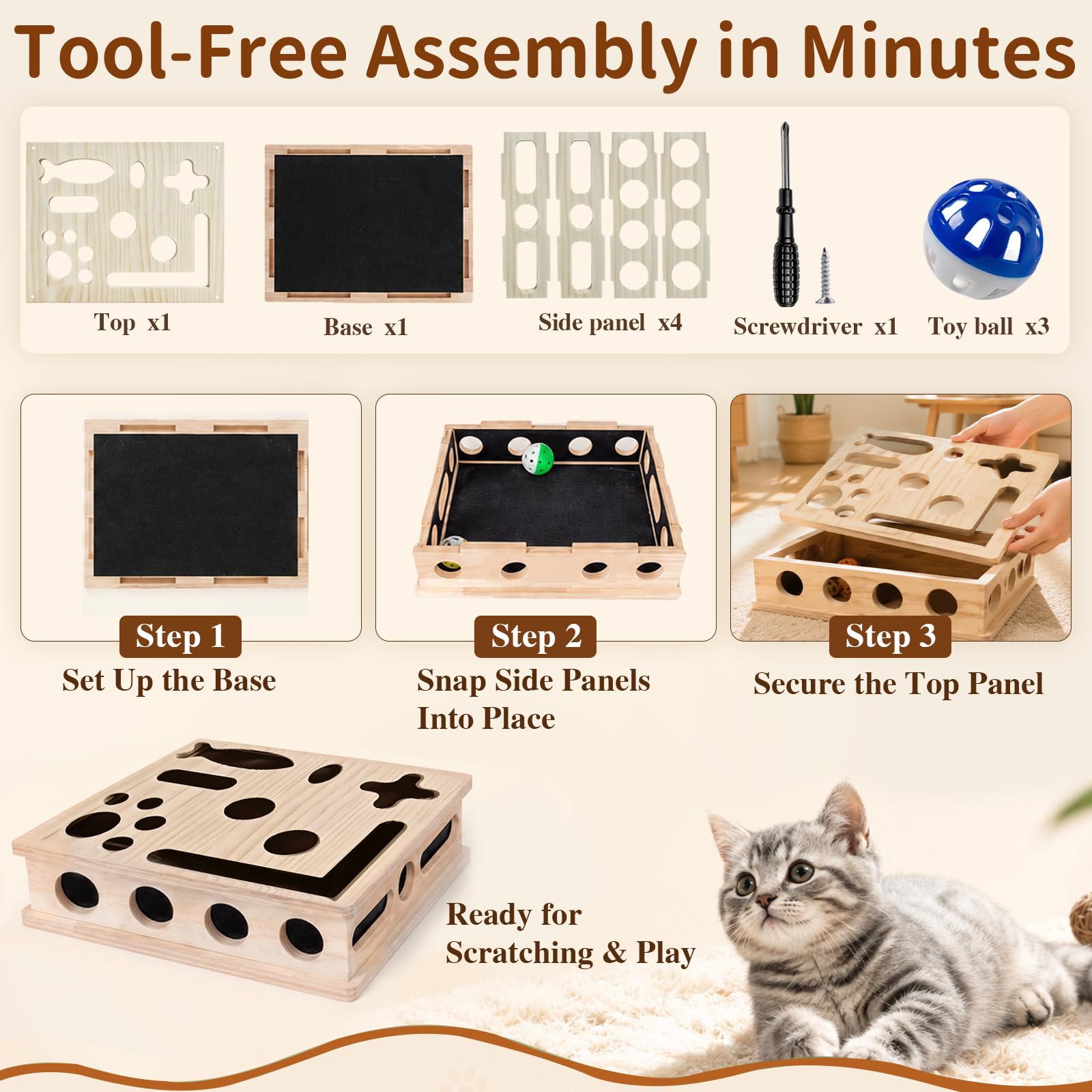 HA BIN 2-in-1 Kratzpuzzle für Katzen – Interaktives Katzenspielzeug mit Sandpapier-Nagelfeile, Holz Kratzbrett & Futterlabyrinth gegen Langeweile, Activity-Center für Wohnungskatzen