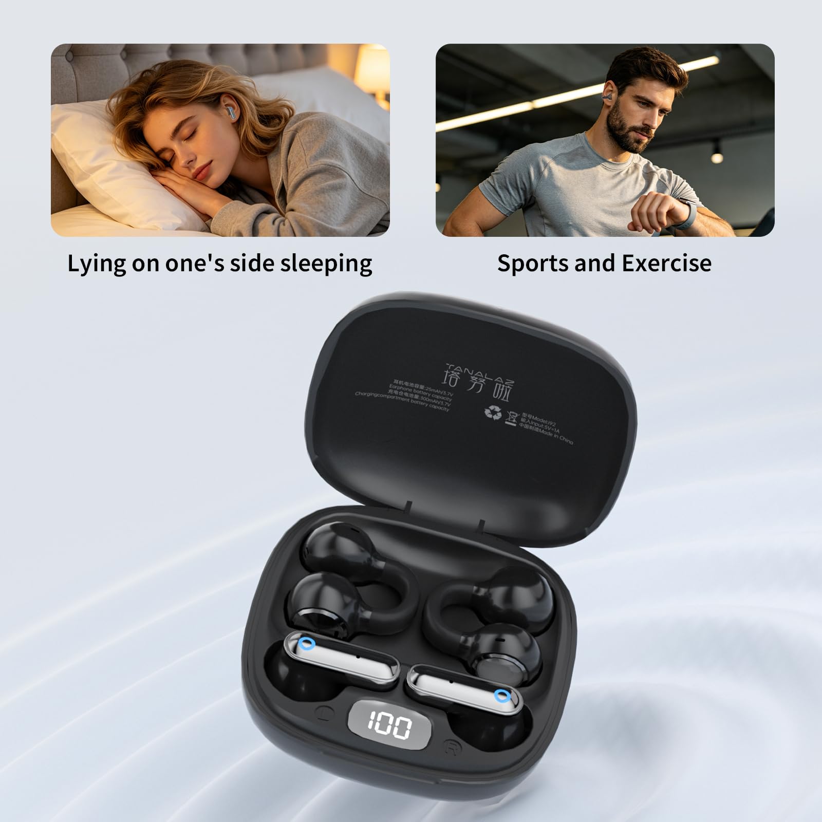 Set di auricolari wireless 2-in-1 i92, combinazione di auricolari open-ear a clip e auricolari semi-intrauricolari a stelo corto, auricolari Bluetooth 6.0 con custodia di ricarica portatile