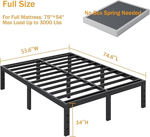 Miniatura 3 de Marco de cama de tamaño completo, Marco de cama de plataforma de metal resistente de 14 pulgadas sin necesidad de somier, espacio de almacenamiento,