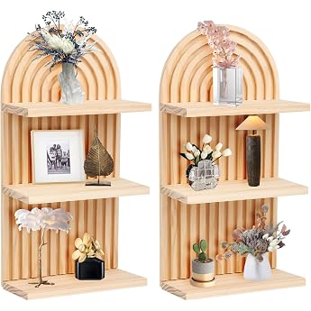 Pack of 2 Wooden Wall Shelves Boho Wall Decoration Rainbow Wood Boho 3-Tier Wall Shelf Small Decoration for Children's Room Bedroom Living Room Bathroom Wood Colour