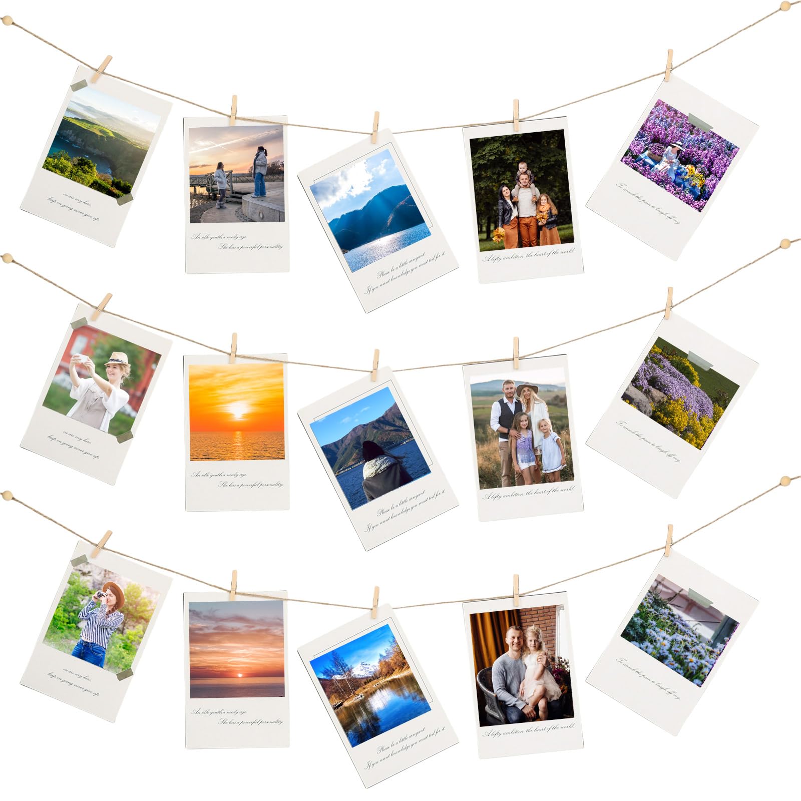 Photo 1 of 100 Pcs Wooden Clothespins for Photo Hanging Display, Mini Clothes Pins with String, Photo Display Hanging Clips for Crafts Pictures Photos Home Birthday Wedding Party Decoration