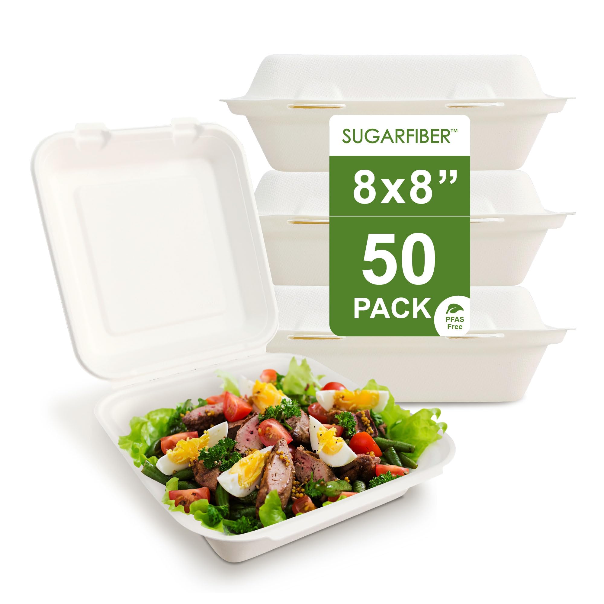 [50 COUNT] Harvest Pack 8 X 8 inch White Compostable Square Hinged Container, Disposable Single Compartment Clamshell Takeout Box, Made from Eco-Friendly Bagasse Plant Fibers, No PFAS Added