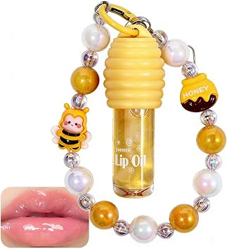 Glitter Lip Gloss,Nourishing and Hydrating Glow Lip Oil with Keychain and Beaded Phone Wrist Strap,High-Shine Glimmer Finish & Sheer Wash Of Color Yellow
