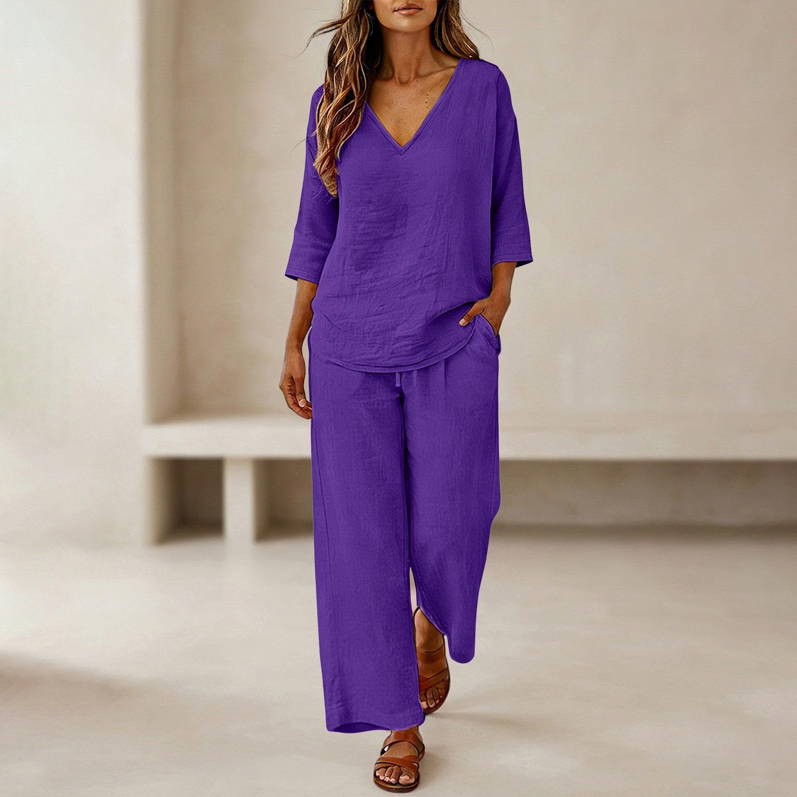 Damen Zweiteiler Damen-Freizeit-Set: Unifarbenes Oberteil Mit V-Ausschnitt, 3/4-Ärmeln, Und Hose Elastischem Bund Sommer Party Outfit Leinen Kleid Festlich Hosenanzug Weiss Anzug Für