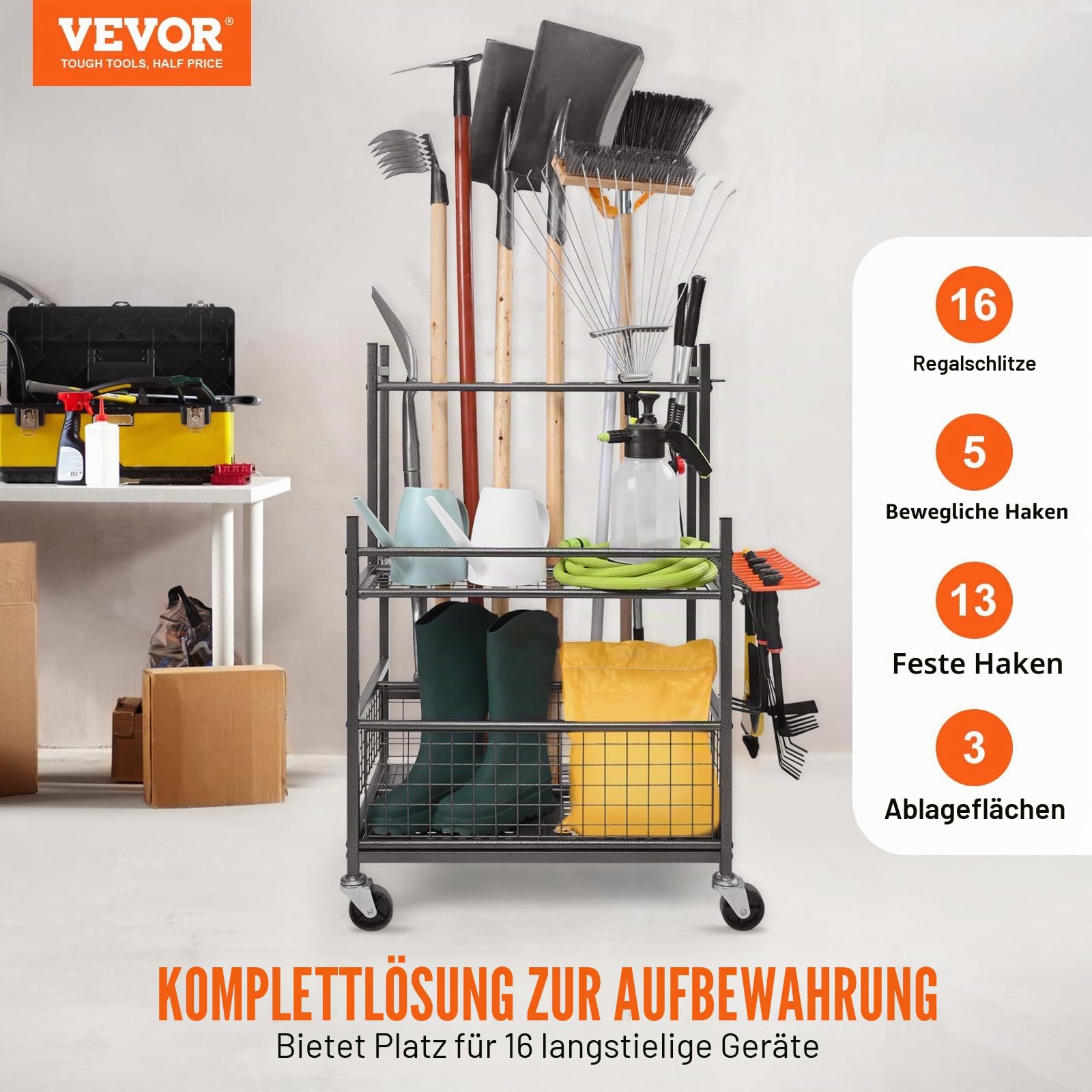 VEVOR Gartengeräte Ständer 652x403x990 mm Kohlenstoffstahl 16 Schlitzen 18 Haken Gartenwerkzeug Halter