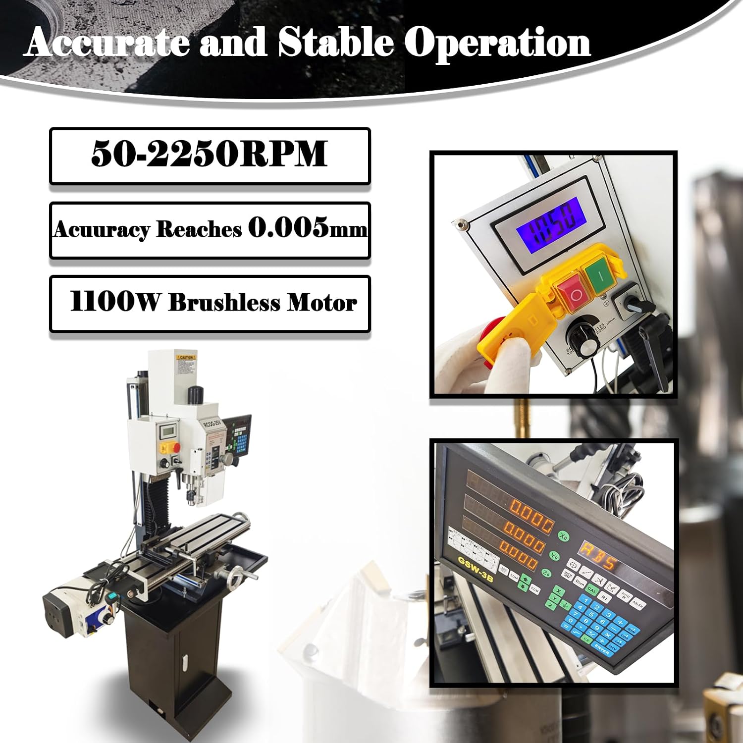 1100W Benchtop Milling Drilling Machine R8 Taper 27"×7" Workbench 50-2250RPM with Axis X Power Feed/Three-axis Grating Ruler 110V