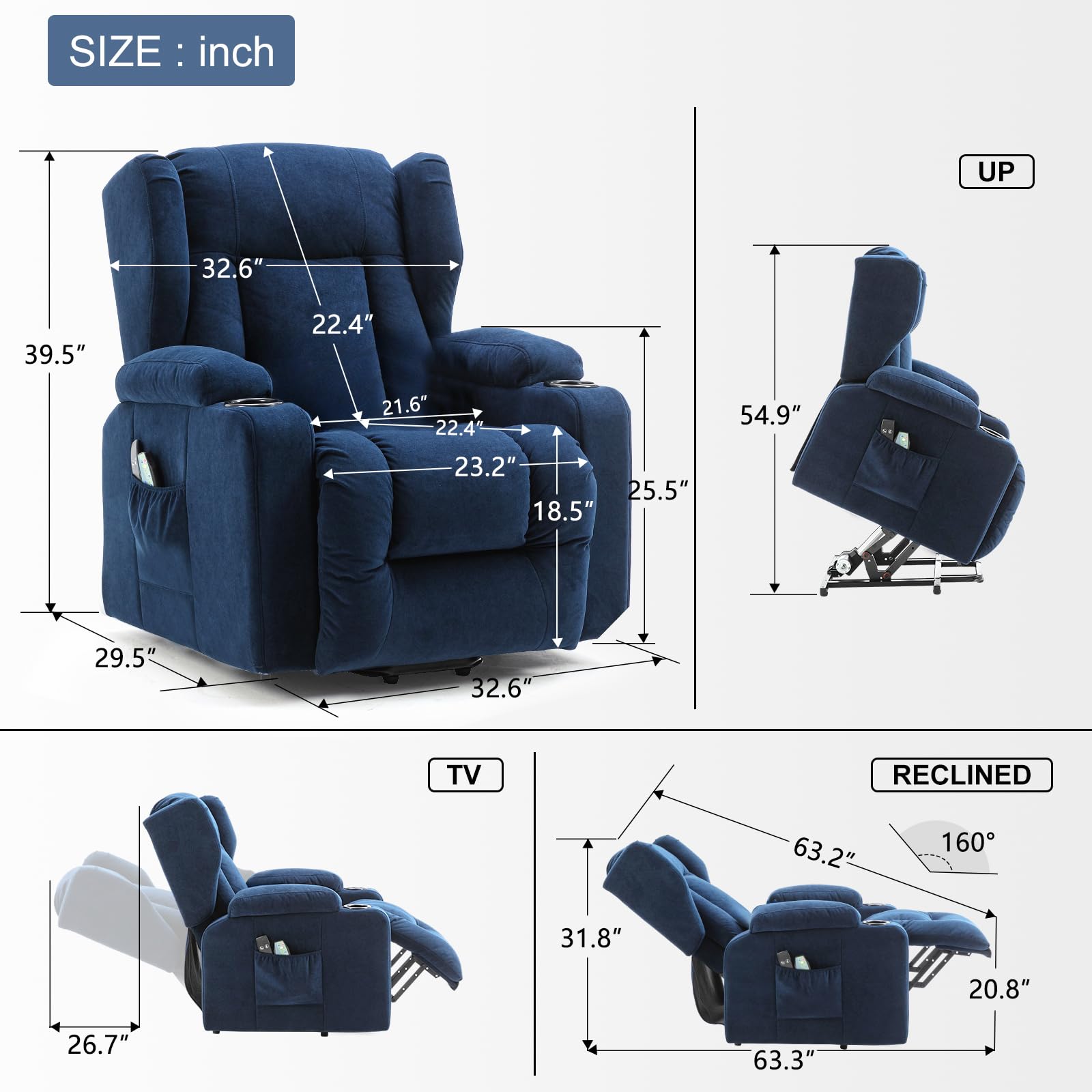 COMHOMA Sillón Relax Masaje Reclinable Electrico de Tela con 8 Puntos de Masaje Vibrante Función, Lumbar Poltrona Reclinável Levantapersonas Azul