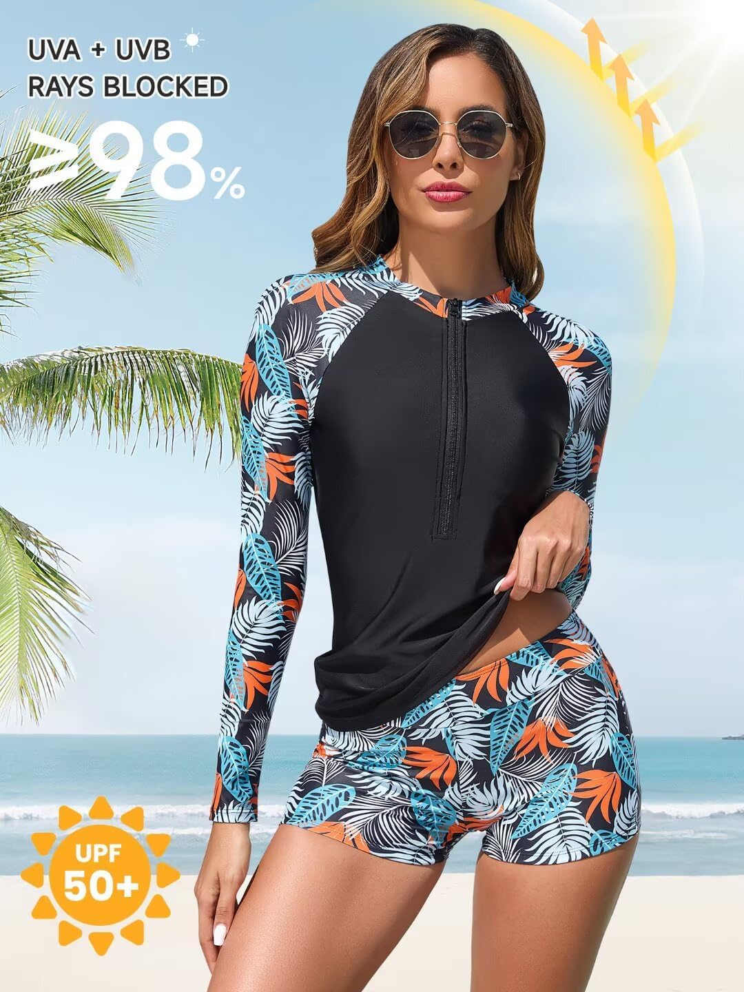 Womens 2 Piece Rash Guard Swimsuit UPF 50+ Zip Swim Shirt and Shorts Long Sleeve Bathing Suits with Build in Bra