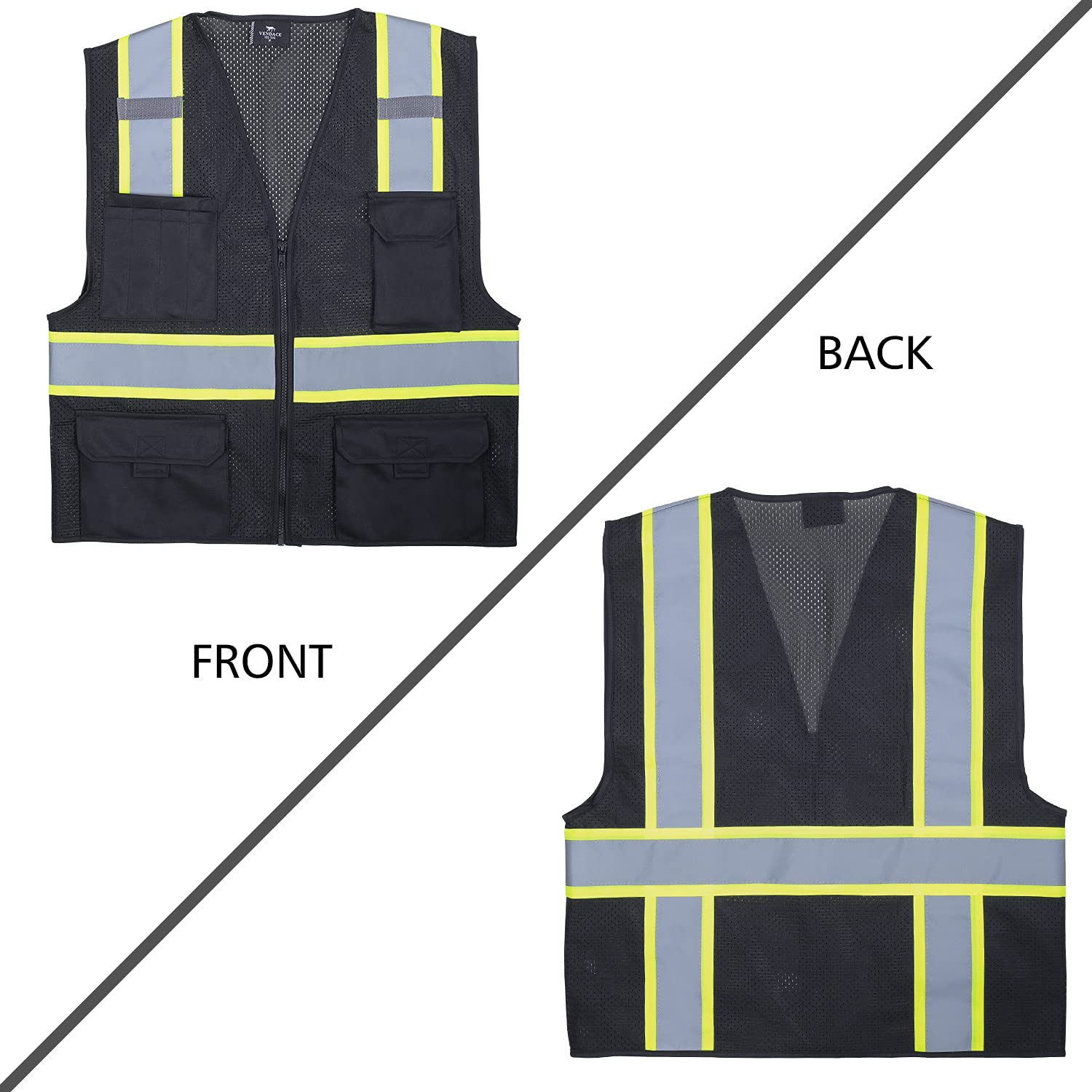 VENDACE Chaleco de malla reflectante de seguridad Hi Vis para hombre, chaleco de alta visibilidad ANSI clase 2, con 8 bolsillos y cierre