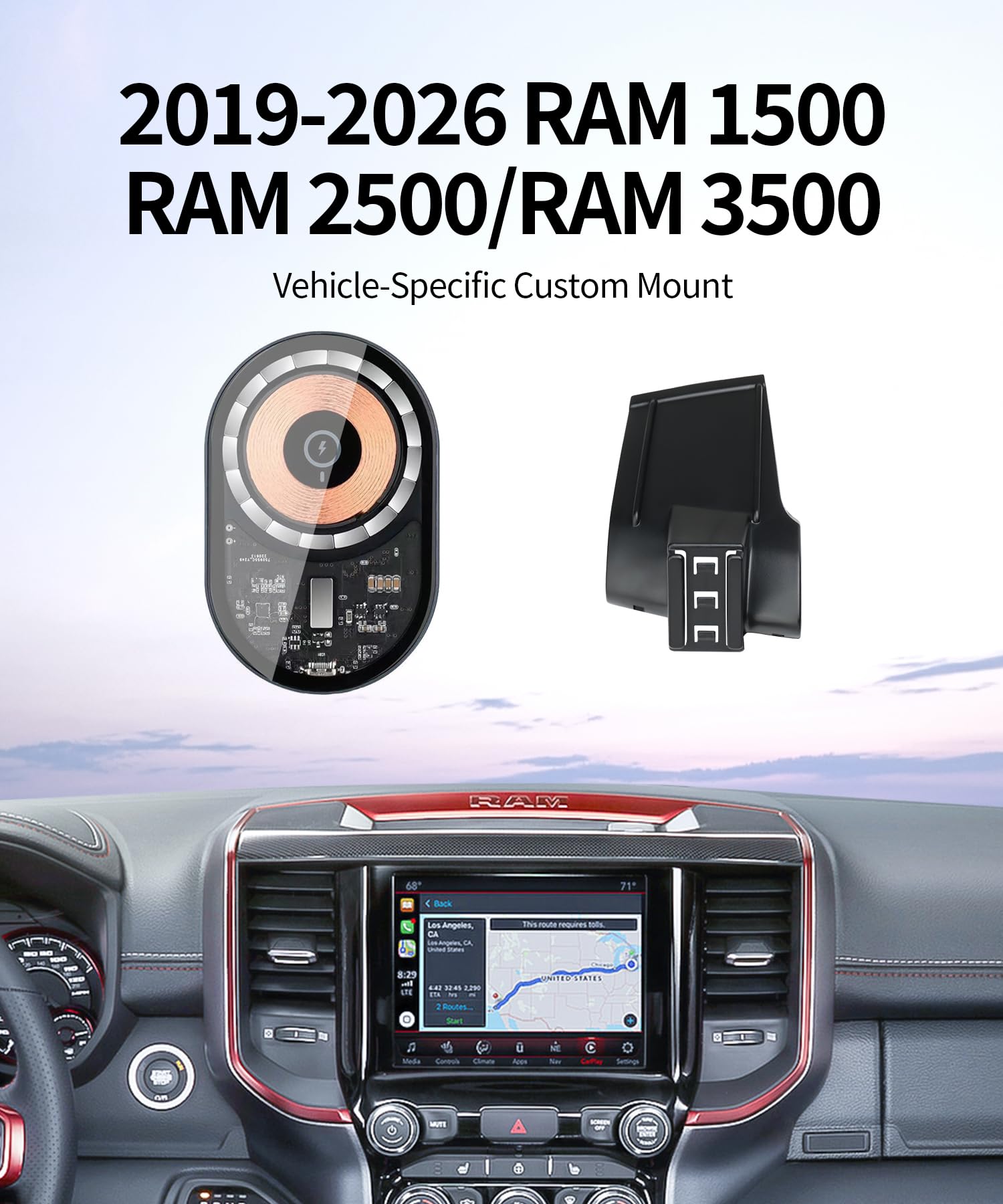 Supporto per telefono da auto di ricarica wireless per Dodge Ram 1500 2500 3500 2019-2025 accessori 5/8,4" clip fissa per schermo, rotazione a 360 ° compatibile con MagSafe