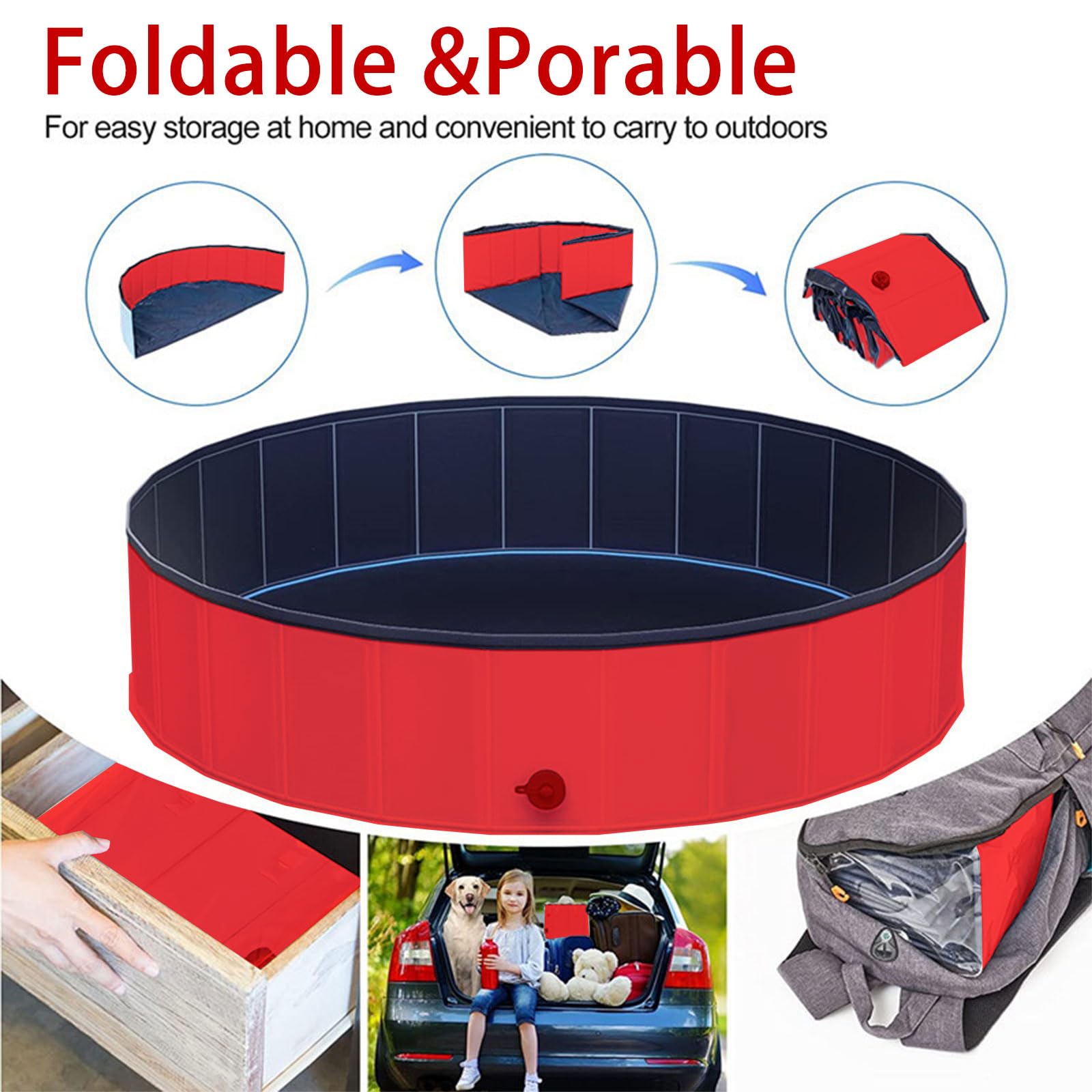 Faltbare Hundepool,Hundeplanschbecken,60x20cm Schwimmbecken,Haustier Schwimmbecken,rutschfest Tragbar PVC Swimmingpool,Rot